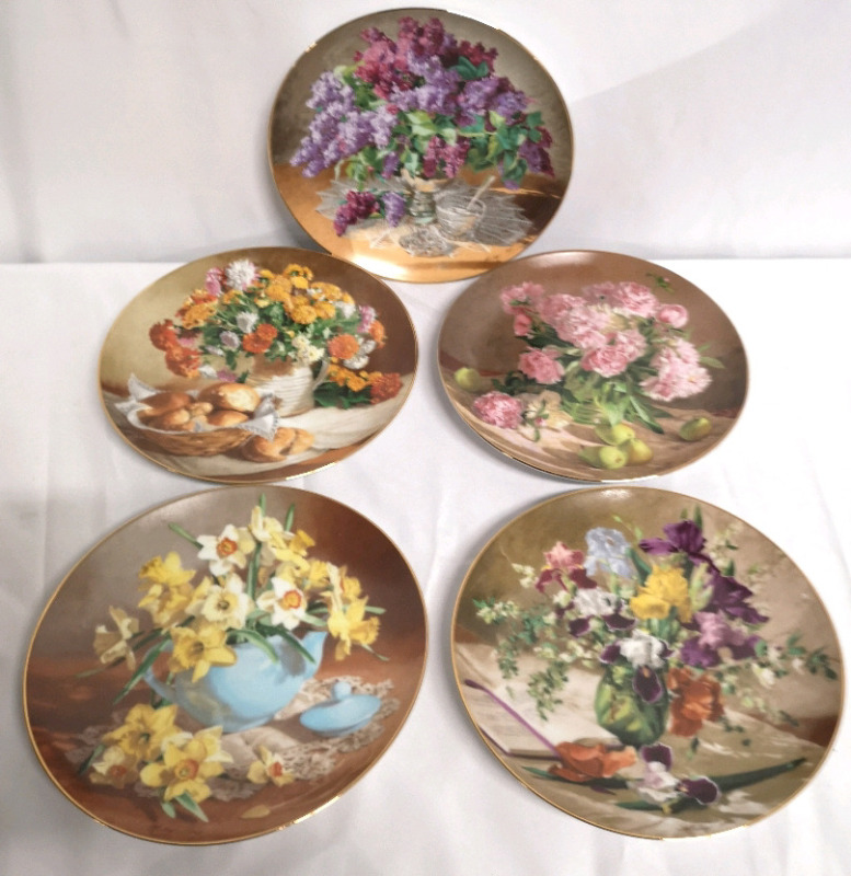 5 Vintage Floral Collector Plates - W.L. George 8.5" Diameter Signed Morley