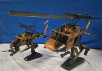 2 | Wooden Model Helicopters With Stands | 1 Small Wooden ( 12" Long ) Attack Helicopter With Camo Paint | 1 Large Wooden ( 19" Long ) Attack Helicopter With Camo