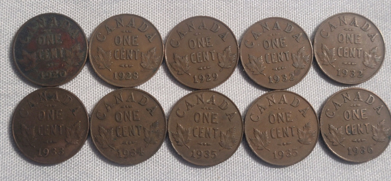 1920 - 1936 Canadian King George V Penny Lot - 10 coins