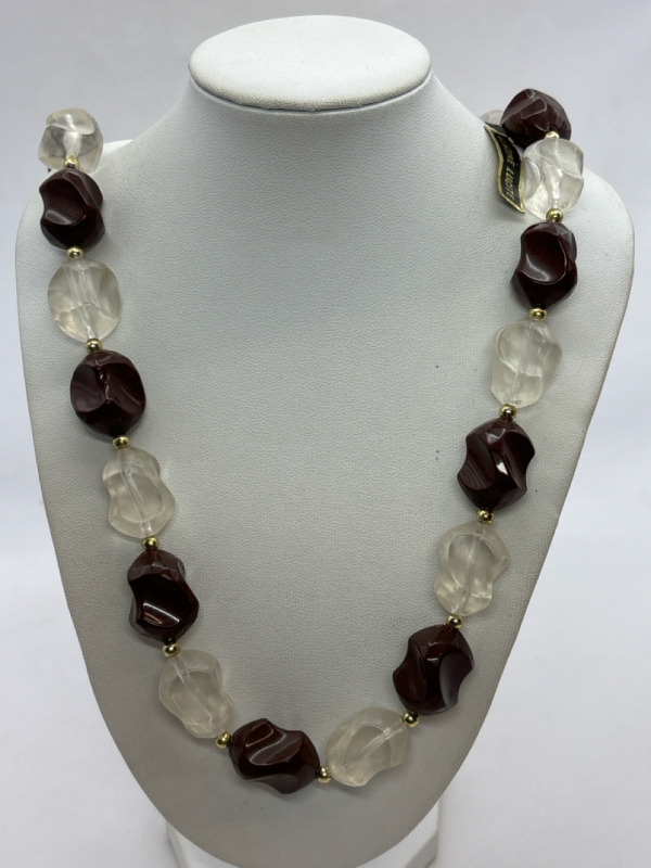 Genuine Tagged Lucite Carved Bauble Necklace Chocolate and Clear Nuggets