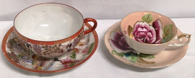 Vintage Asian Geisha & Rose Footed Cup & Saucers - Japan Hand-Painted