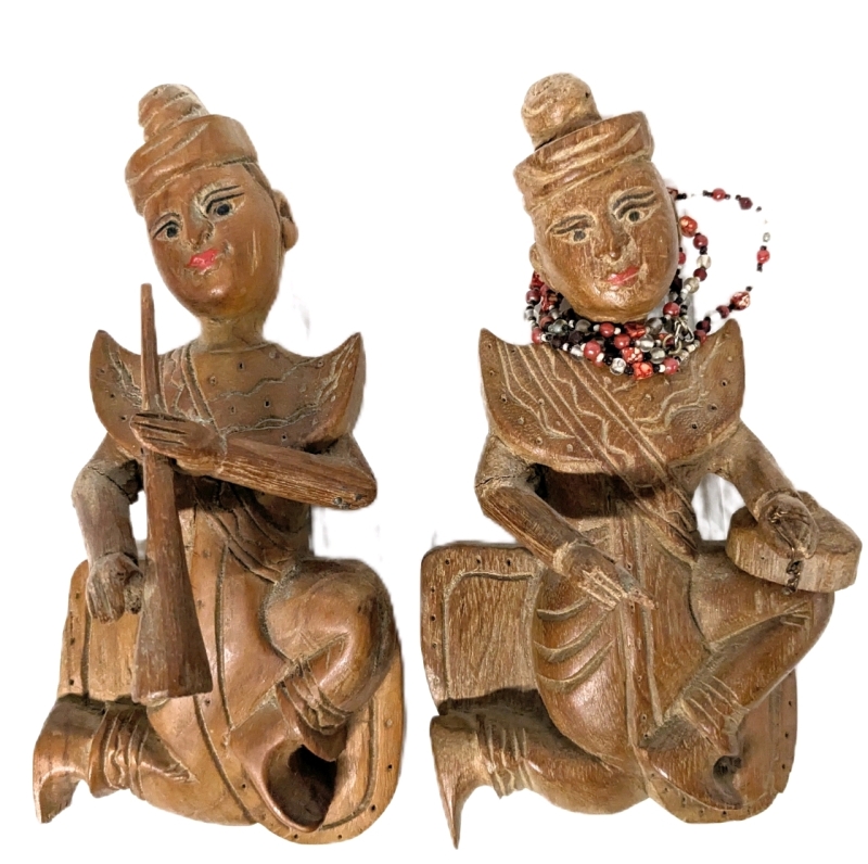 Pair of Vintage 3D Carved Wooden Thai Musicians Wall Hanfings | 8.5" Long ea