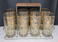 Vintage MCM Culver Barware Gold Hummingbird 8pc Highball Glass Set with Teak Handle Metal Tray . Some minor wear to gold trim