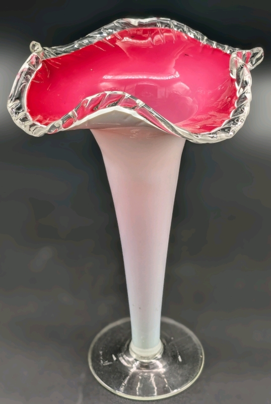 Vintage Unsigned Fenton Milk Glass Vase with Clear Crimped Glass Rim & Vibrant Pink Interior | 8" Tall