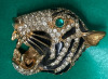 Amazing Roaring Tiger Brooch Pave Rhinestones Enamel Green Cab Eye