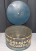 Vintage The Patterson Candy Co. Moonlight Mellos Tin with Lid . Measures 10.5" diameter & 5.5" tall - 4