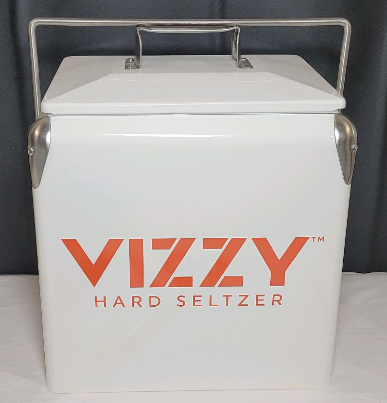 New - VIZZY Hard Seltzer Retro Style Mini Cooler with Bottle Opener on Side . Measures 11.5"×12"×9"