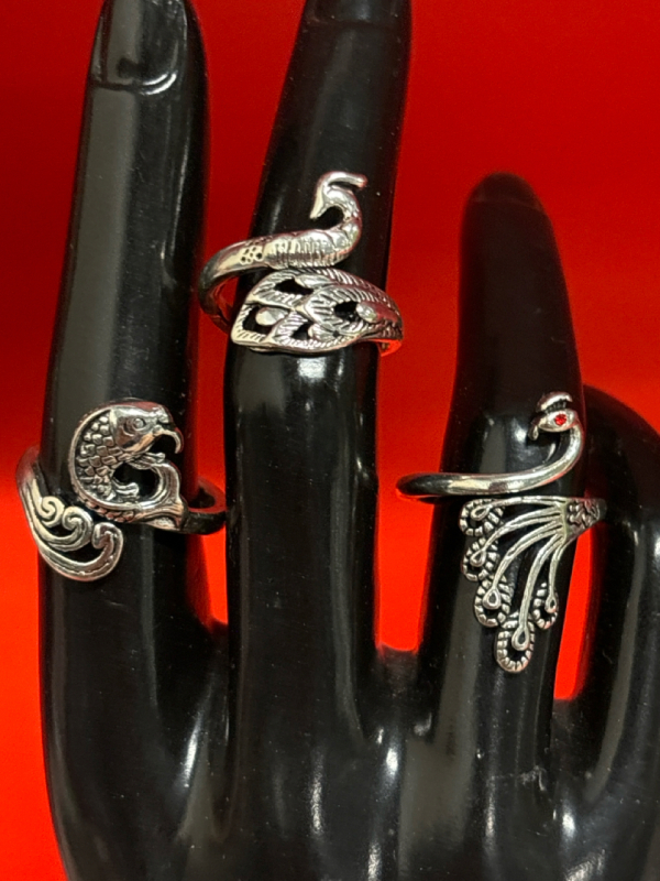 Three Figural Adjustable Rings Peacock Snake Sea Dragon