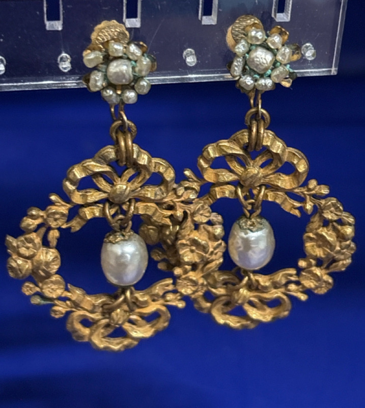 MIRIAM HASKELL Signed Open Pearl Statement Drop Earrings Screw Back