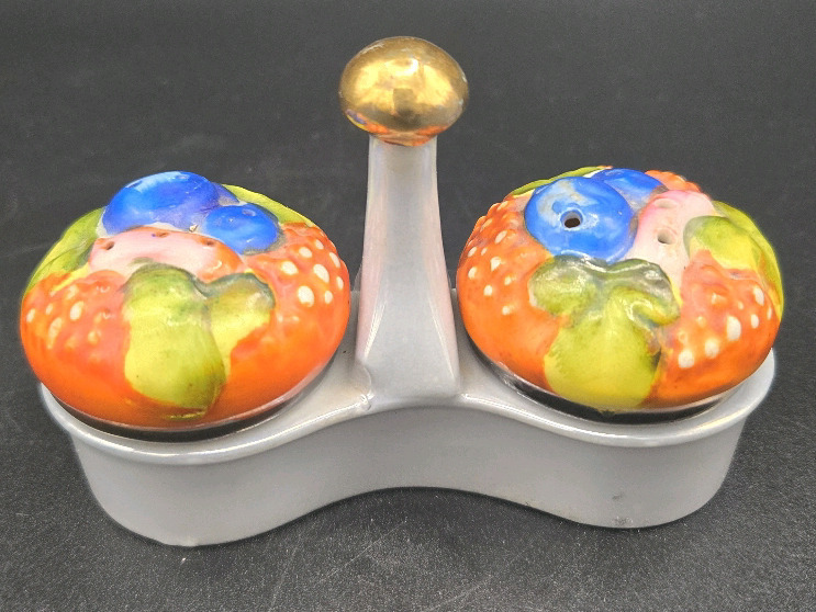 Vintage Mid-Century Modern | Fruit Basket Salt & Peper Shakers | Appears To Be Porcelain | Made In Japan | 4" Long Holder