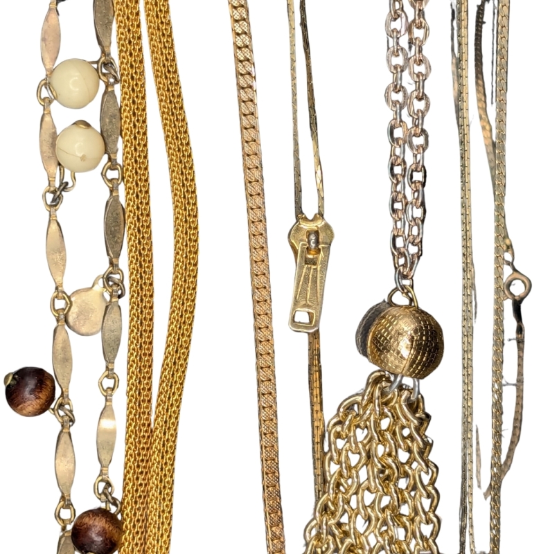 7 Assorted Vintage Gold Tone Chains incl Fun Zipper Lariat Necklace | 7.25" - 27" Long