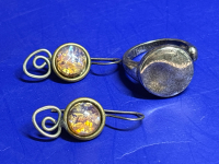 Modernist Sterling Silver 925 Circle Nugget Ring Fire Opal Earrings