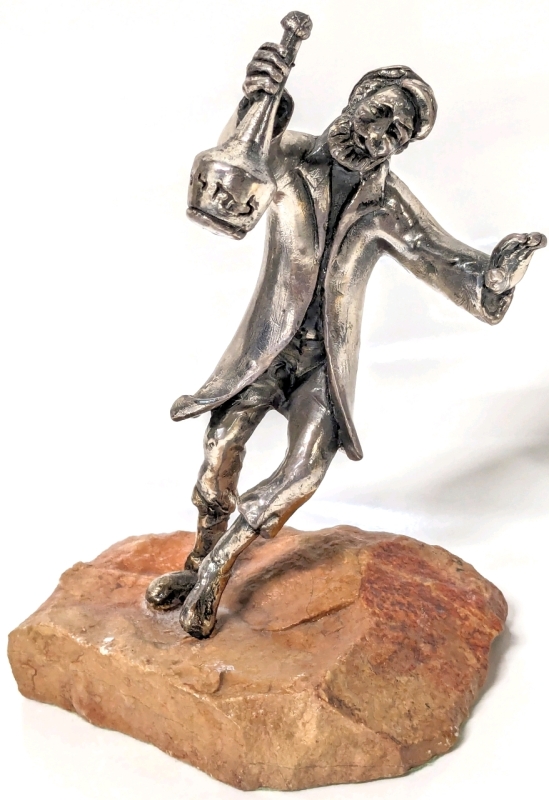 Sterling Silver 925 Clad Israeli Tipsy Tramp Figure on Stone Base | 6" Tall
