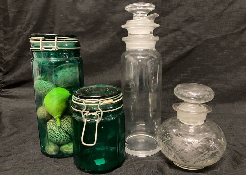 Vintage Green Glass Canisters + Etched Glass Perfume Bottle + Apothecary Jar Largest 3.5&rdquo; w x 12&rdquo; tall