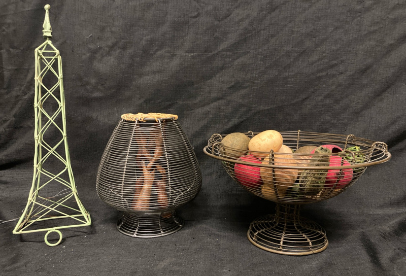 Vintage Metal Lot - Fruit Basket + Metal Lantern + Eiffel Tower Largest 12.5&rdquo; L x 13&rdquo; w x 8&rdquo; tall