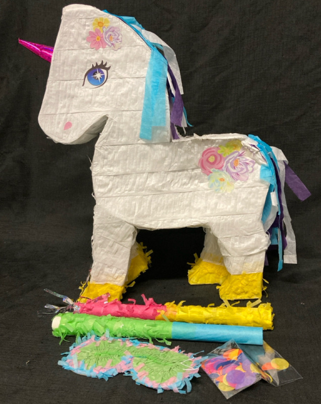 New Unicorn Pi&ntilde;ata W Sticks + Blindfold + Confetti 13&rdquo; w x 17.5&rdquo; tall