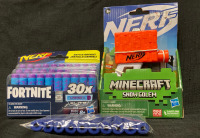 New Minecraft Snow Golem Nerf Gun + Fortnite 30x Nerf Bullets + extras For 8+ Gun 3.5” w x 5” ht