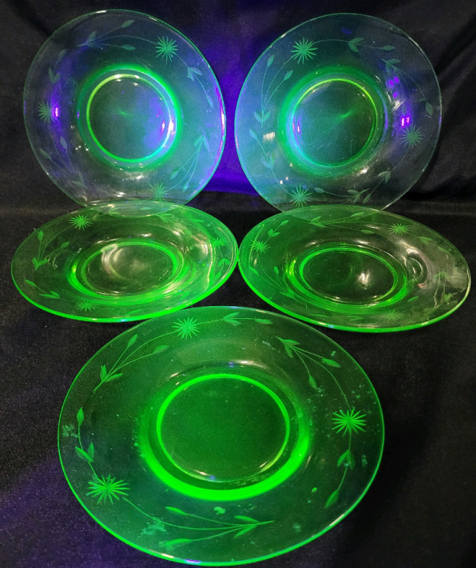 Vintage Uranium Depression Glass 6.5" Plates , Five (5) Plates