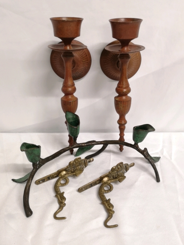 Vintage Brass Candle Sconces 11.5"H + Candelabra 13"L + Hooks 5" L