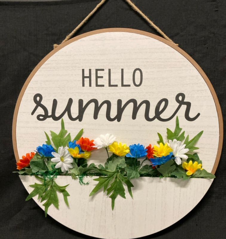 Lg Hello Summer Wood Hanging Sign 20” w x 20” ht