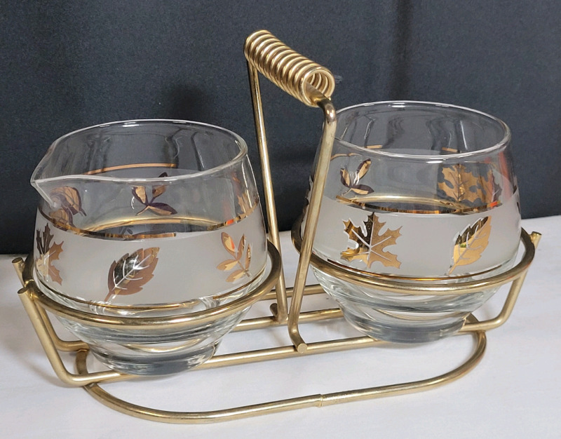 Vintage Mid Century Modern Libbey Gold Leaf Cream & Sugar Set in Brass Tone Caddy . No chips or cracks