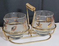 Vintage Mid Century Modern Libbey Gold Leaf Cream & Sugar Set in Brass Tone Caddy . No chips or cracks