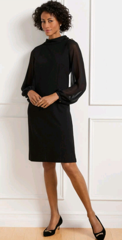 New | Size: 36/ Petite 6P | Talbots | Colour: Black | Sheer Sleeve Ponte Dress | Style # P233036572<br/>