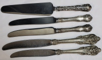 Three (3) Sterling Silver Knives ( 2 birks and 1 sterling) & Two (2) Wallace Silverplate Knives . Handles only Sterling Silver