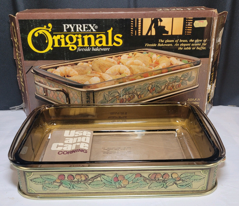 Vintage PYREX Originals Fireside Bakeware 2qt. Oblong Baking Dish and Decorated Metal Server w/Original Box , 2325-F-N . Open Box , Never Used
