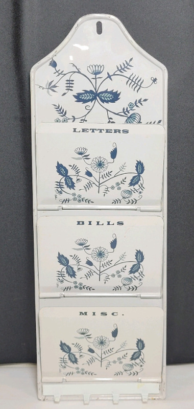 Vintage Bills Letters Misc. Metal Wall Organizer , Floral Navy Blue . Measures 5"&times;14.5" . Made in Japan