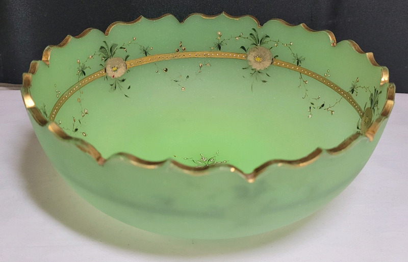Vintage Handpainted Uranium Glass Bowl , Possibly French . Measures 7 1/4" diameter & 2.5" tall . No chips or cracks , some wear to gold trim