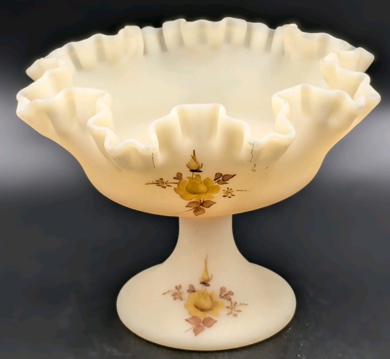 Gorgeous Signed by Artist Vintage Fenton Satin Chocolate Ruffled Custard Glass Footed Dish | 7.75" Diam x 5.8" Tall