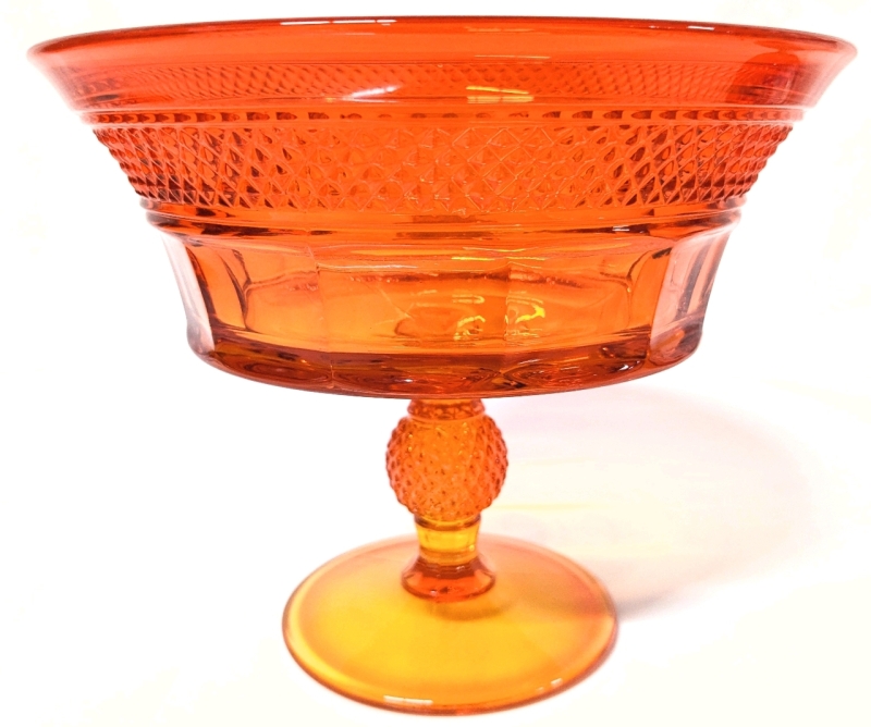 Vintage Unsigned Viking Glass Mt. Vernon Tangerine Orange Footed Compote | Cadmium in Base Glows Under Black Light! | 7.15" D x 5.75" Tall