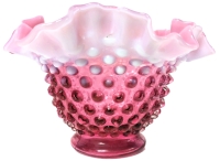 Vintage Unsigned Fenton Hobnail Cranberry Glass Dish w Ruffled Opalescent Rim | 6.5" x 4x Tall