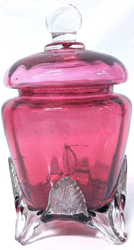 Vintage Cranberry & Clear Glass Lidded Jar | 6.25" Tall