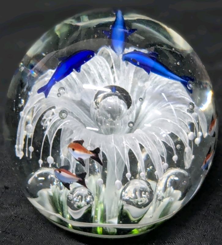 Stunning Large Murano-Style Art Glass Paperweight with Dolphins, Waterspout & Tropical Fish | 4.5" Tall