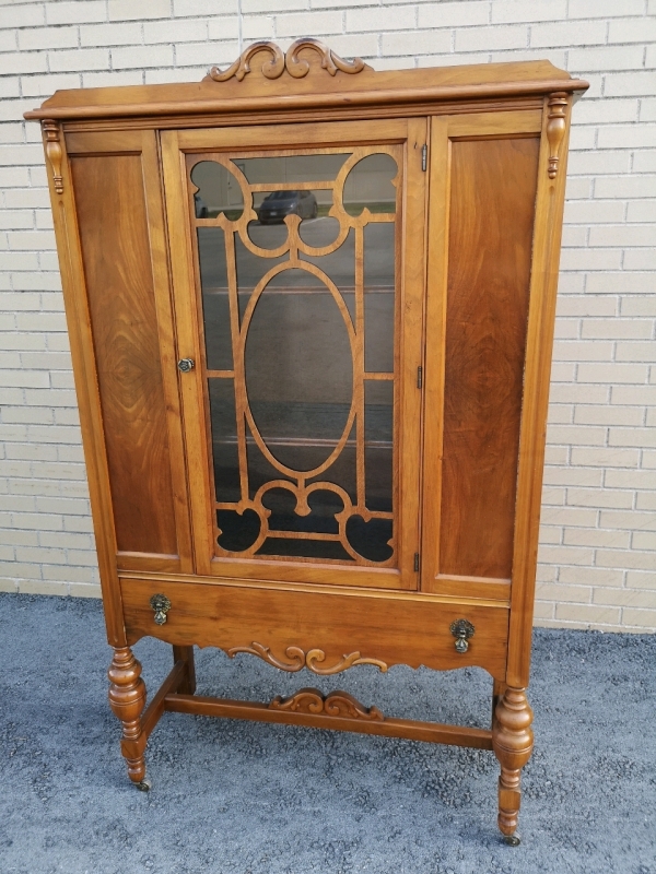 Vintage Wooden China Cabinet on Castors