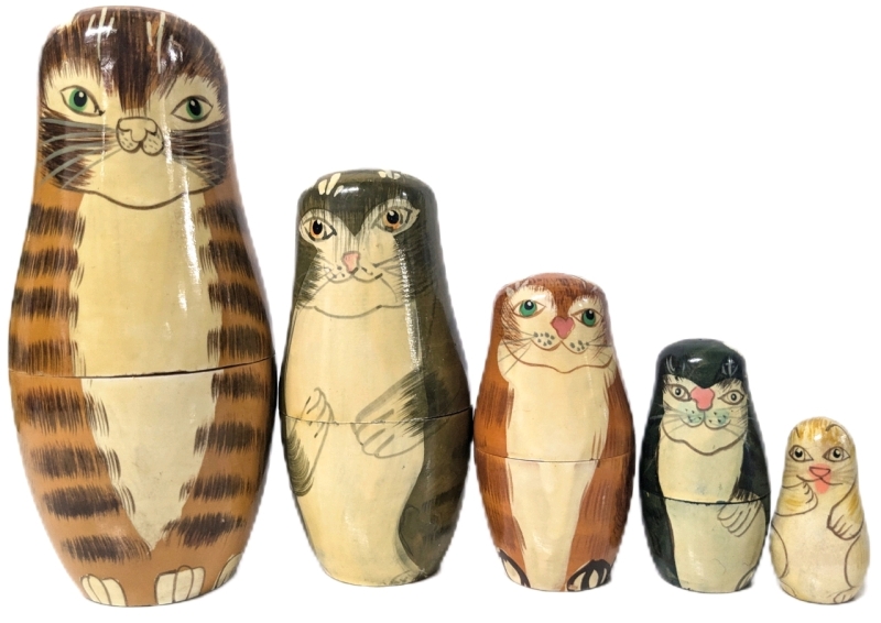 Set of 5 Adorable Vintage Handpainted Wooden Matryoshka-Style Cat Family Nesting Dolls | 1.1" - 5.75" Tall