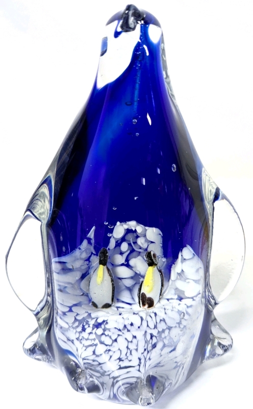 Large Glass Penguin-Shaped Art Glass Paperweight with 2 Mini Penguins on Iceberg Within | 6" Tall