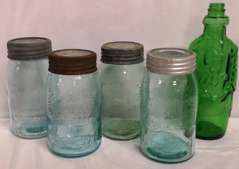 4 Vintage Blue & Green Glass Crown Jars 7" Tall with Lids + Green Glass Bottle