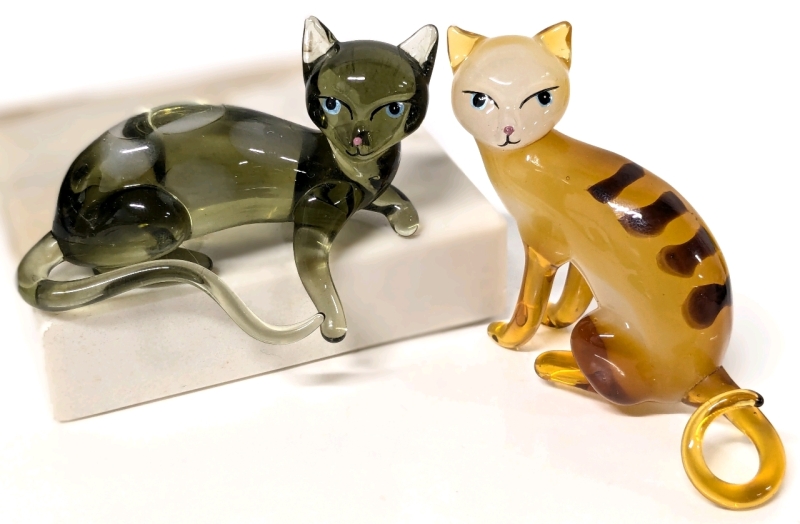 Pair of Darling Bradford Exchange Cat-Itudes Glass Cat Figures | Uo to 2.15" Tall