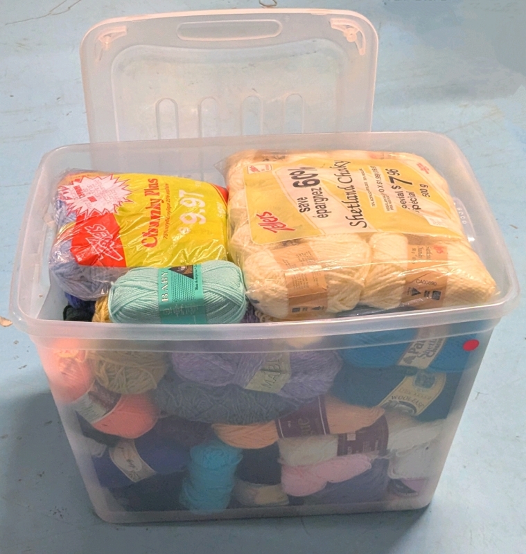 Large Clear Plastic Tote w Lid FILLED w Assorted Vintage to Modern Skeins of Yarn | 72L Bin 16" x 23.75" x 16.5"
