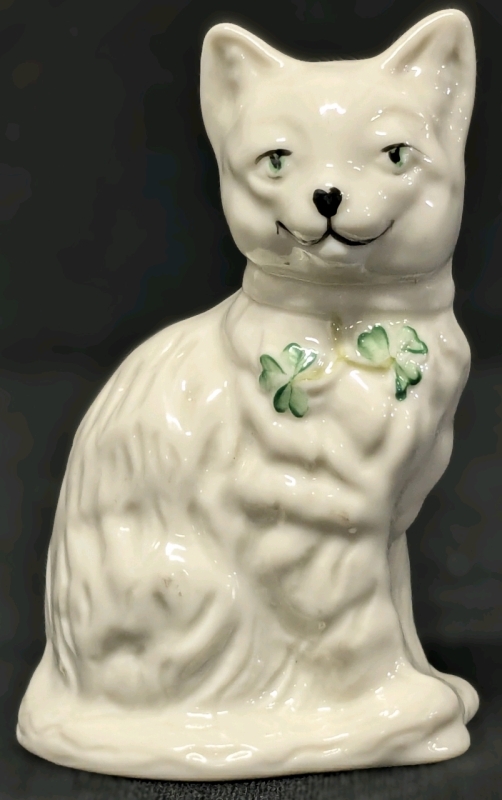 Vintage Belleek Ireland Porcelain Cat Figure | Blue-Black Stamp | 4" Tall
