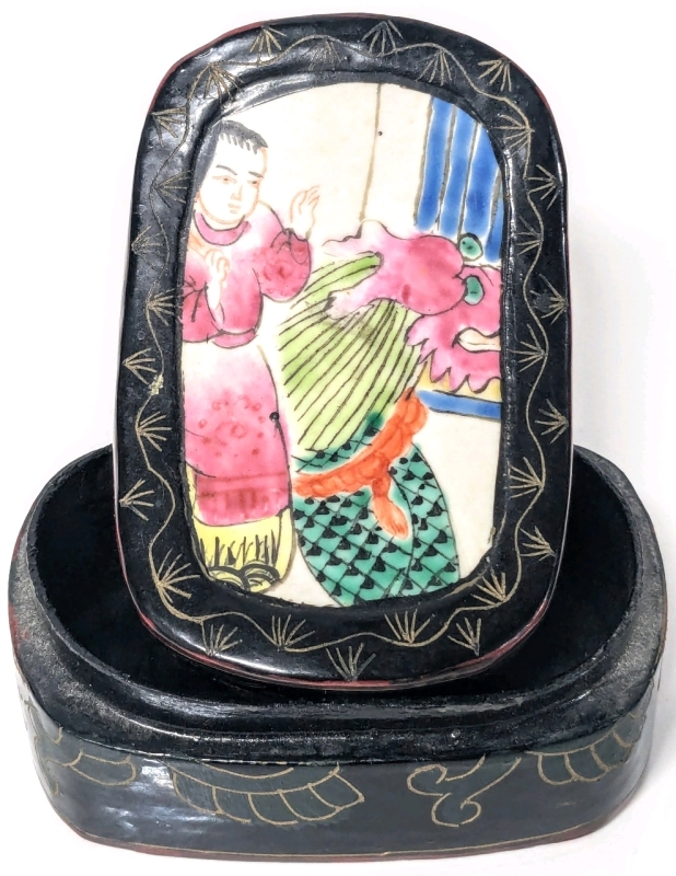 Vintage Lacquered Wood Chinoiserie Handpainted Dragon + Man Inlaid Concave Lid Trinket Box | 2.4" x 3.65" x 2.25" Tall