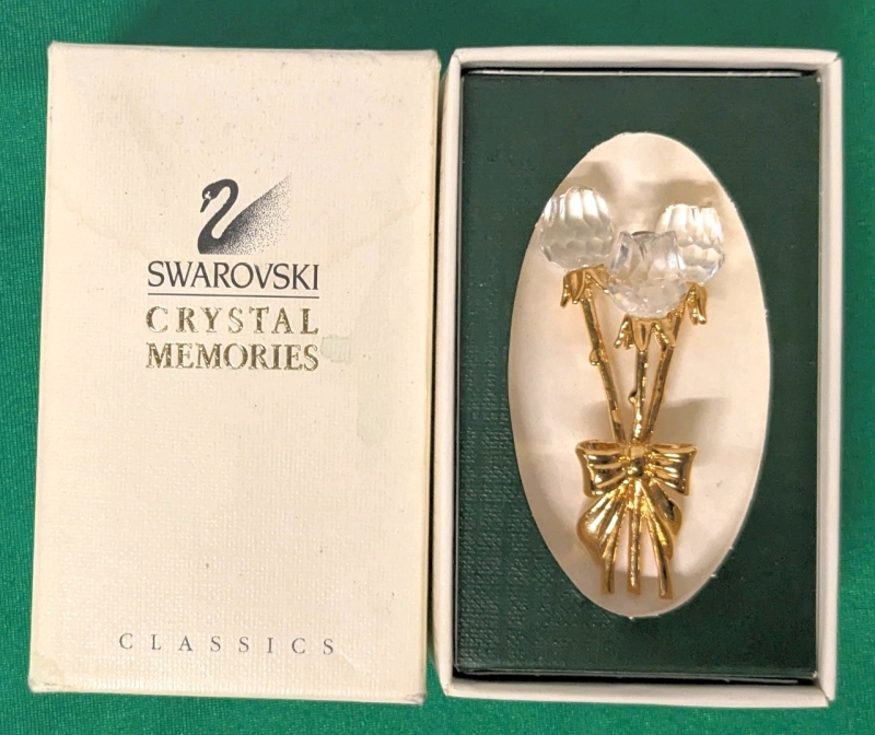 Vintage Swarovski Crystal Memories Classics | 3-Rose Bouquet w Gold Tone Stems | 2" Long | w Gift Box
