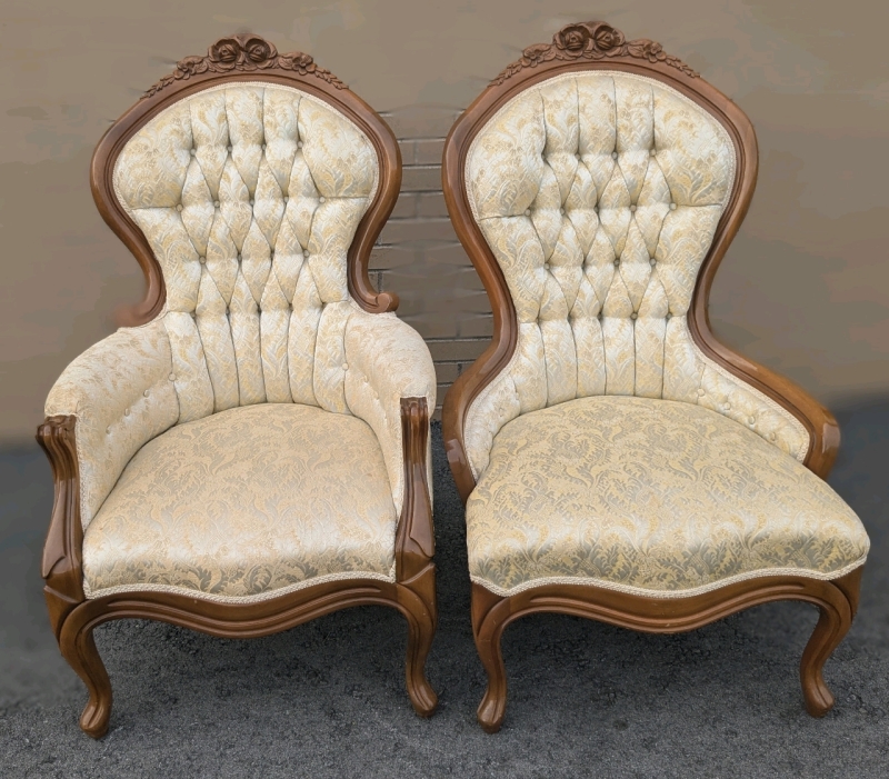 Vintage Victorian-Style Upholstered His & Hers Wood Frame Arm Chairs |27" Wide ea, 43" - 43.5" Tall