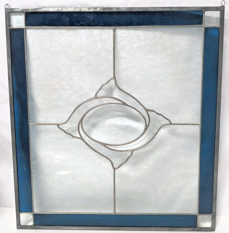 Gorgeous Large Stained Glass Window Panel w Frosted Clear Glass & Textured Marine Blue Glass | 19.6" x 21.5"