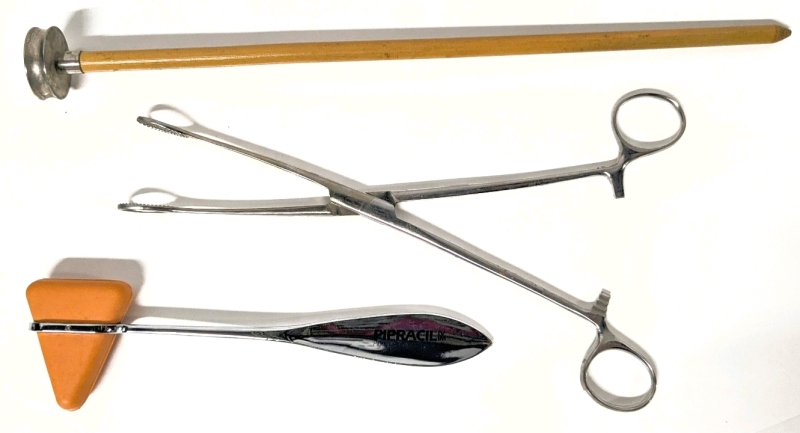 [Medical] Taylor Percussion Hammer 7.25", Hertz German Stainless Forceps 9.5" & British Make 12.5" Long Wood & Metal Thingiemajigger