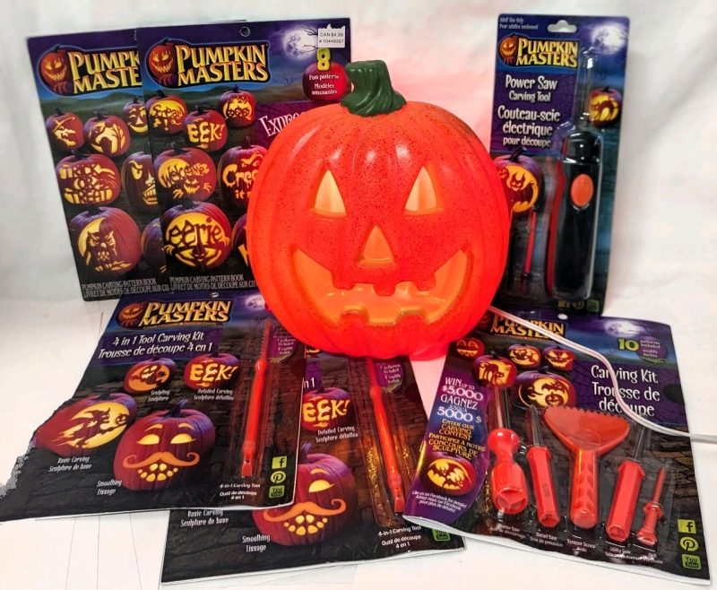 Happy Halloween! New Light-Up Plastic Jack-o'-lantern & Pumpkin Masters Partially Used Pattern Books (x2), New 4-in-1 Carving Tool (x2), New Carving Kit & New Power Saw