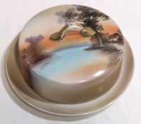 Vintage Noritake 3.5"H Butter Dish Hand-Painted Country Scene 6.5"Diameter - Made in Japan